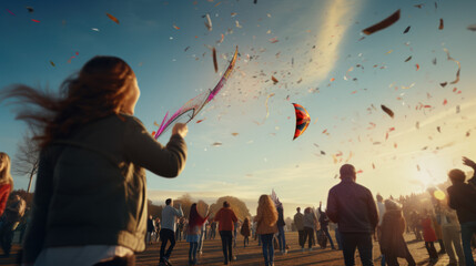 A group of people making and flying kites as a New Year activity. - Powered by Adobe