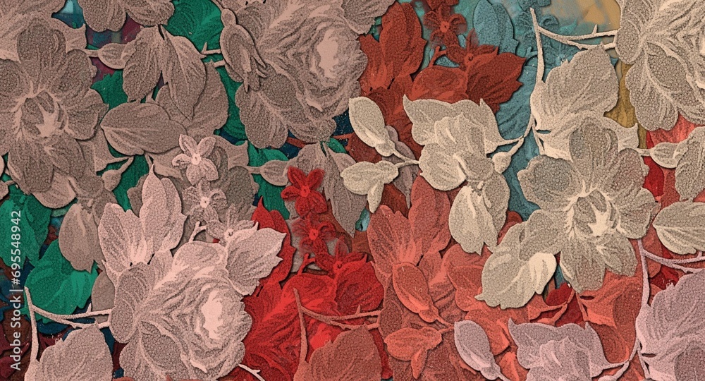 Fototapete Computer graphics of abstract floral psychedelic background stylization of colored chaotic stickers in the form of leaves