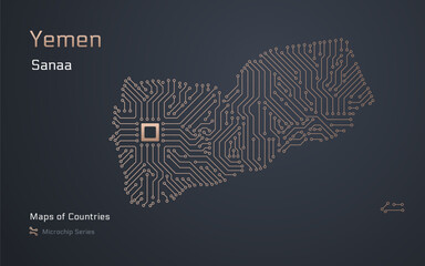 Yemen Map with a capital of Sanaa Shown in a Microchip Pattern with processor. E-government. SHOTLISTbanking. World Countries vector maps. Microchip Series	 - obrazy, fototapety, plakaty
