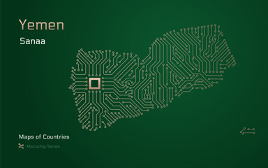 Yemen Map with a capital of Sanaa Shown in a Microchip Pattern with processor. E-government. SHOTLISTbanking. World Countries vector maps. Microchip Series	