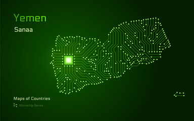 Yemen Map with a capital of Sanaa Shown in a Microchip Pattern with processor. E-government. SHOTLISTbanking. World Countries vector maps. Microchip Series	