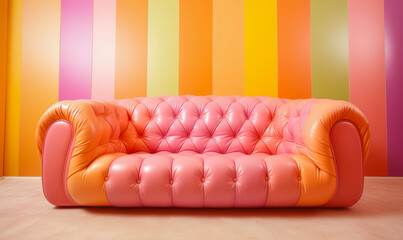 vibrant pink and peach pastel leather sofa on multicolor striped background