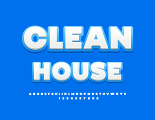 Vector creative logo Clean House.  White and Blue artistic Font. Trendy Alphabet Letters, Numbers and Symbols set.