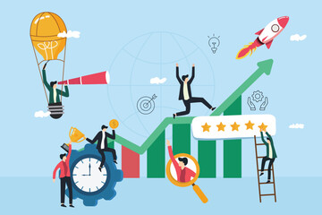 Fototapeta na wymiar Group of people characters are thinking over an idea. prepare a business project start up. rise of the career to success. Vector Illustration