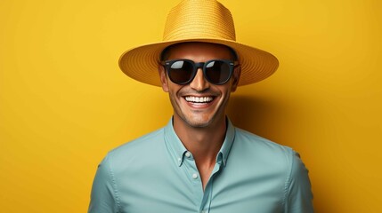 Young adult with yellow sunglasses smiling against yellow background - Powered by Adobe