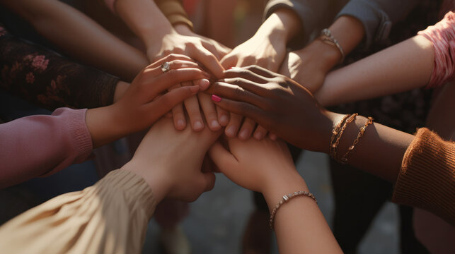 A group of women from diverse backgrounds holding hands in solidarity.