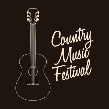 Lettering Country Music Festival and acoustic guitar silhouette. Music poster, black and white illustration, vector