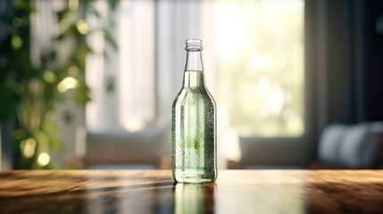 Bottle of beverage on a table. - obrazy, fototapety, plakaty