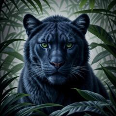 Black panther in dense tropical jungle vegetation.