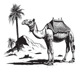 Camel in the desert sketch drawn in doodle style illustration Traveling