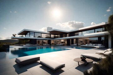 Fototapeta premium A contemporary villa with a sprawling outdoor terrace, offering panoramic views of the surrounding landscape.