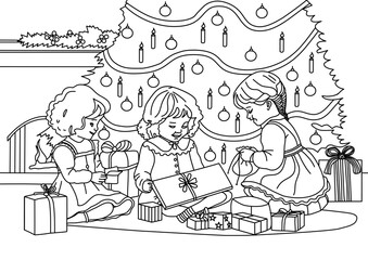 Beautiful vector graphic shows 3 children in front of a Christmas tree in the living room. The children are wearing clothes and hairstyles from the 1930 years.