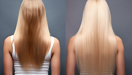 Naklejka premium Blonde hair transformation: from dull and unruly to smooth, shiny, and voluminous. generative ai