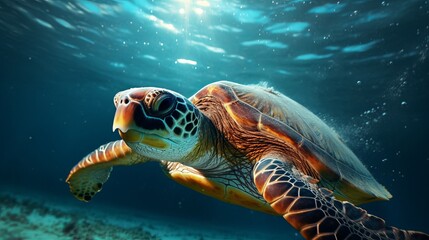 A close-up of a sea turtle that is green and swimming underwater under the lights