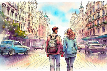 couple de jeunes touristes dans une rue animée, aquarelle - obrazy, fototapety, plakaty