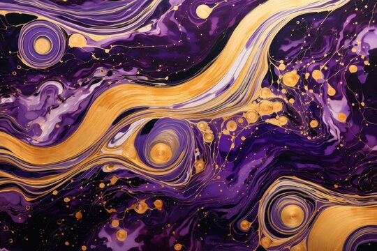  a painting of purple and gold swirls on a black and white background with gold dots on the bottom of the image and the bottom part of the painting in the middle of the image.