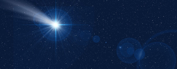Christmas star and starry sky. Nativity of Jesus Christ. Background of the beautiful night blue starry sky and bright star.