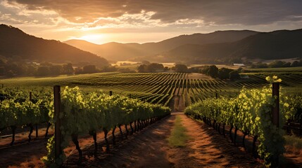 panoramic view of vineyard in late afternoon light at sunset