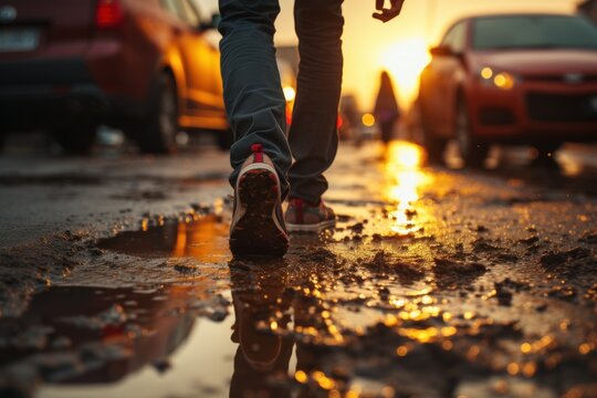  A Person Walking Down A Wet Street With Their Feet In The Water And Cars Parked On The Side Of The Road And The Sun Setting In The Distance Behind Them.