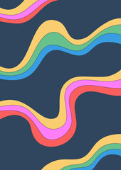 Abstract bright psychedelic background with wavy pattern. Multicolored colors. Colorful strips. Groovy surreal style. Poster, cover for notebook or book. Vector illustration