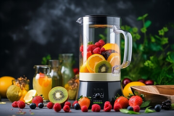 Fruit and herb blender cutting fresh nutricious fruits for delicious fruit cocktail smoothie drink