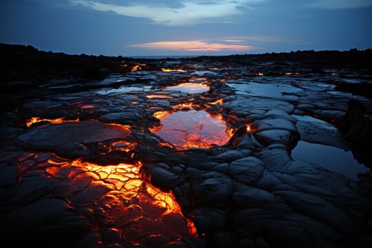  a large puddle of water surrounded by ice on a rocky beach at night with the sun shining on the water and the sky reflecting off of the ice on the ground.