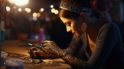 A Henna tattoo artist creating intricate designs. - obrazy, fototapety, plakaty