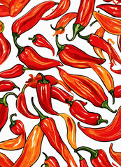 A sheet illustrated with contemporary red and hot fiery chilis - obrazy, fototapety, plakaty