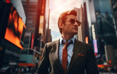 Businessman in a new york street background - obrazy, fototapety, plakaty