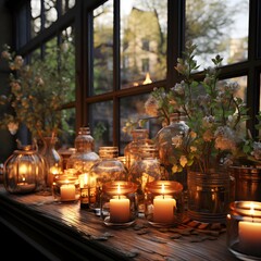 Candles and flowers in a glass vase on the windowsill