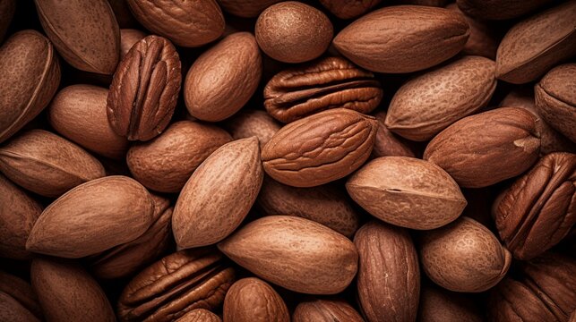 An image featuring a close-up view of a cluster of pecans, highlighting their distinctive shape and rich brown color.