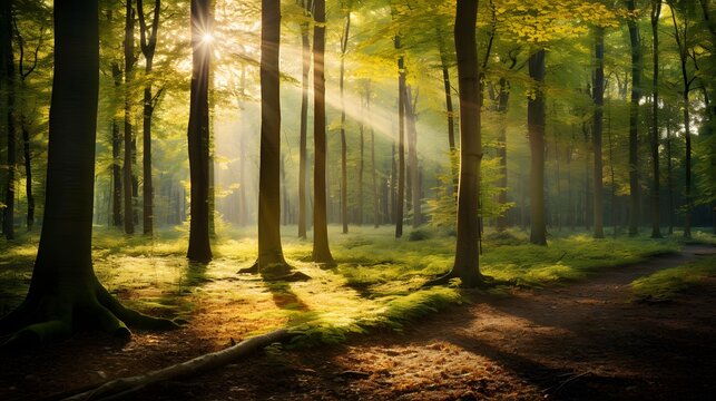 Sunlight in autumn forest. Panoramic image of forest with sunbeams