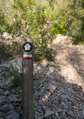 Tourist routes among olive trees. Signs, directions, designations, popular places for tourists. on...