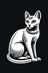 Beautiful Egyptian cat. White on black background. Isolated vector illustration. Sphinx. Vertical