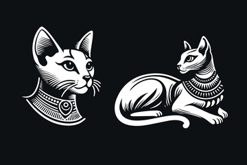 Beautiful Egyptian cat. White on black background. Isolated vector illustration. Sphinx. Set