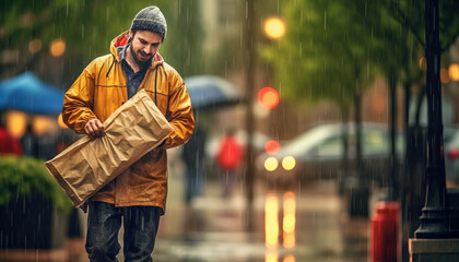 delivery guy, carrying the package in the rain joyous.generative ai - obrazy, fototapety, plakaty