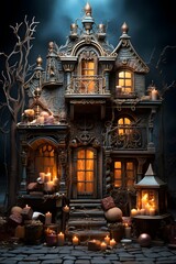 3d illustration of a fantasy haunted house with candles in the night