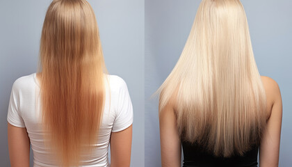 Fototapeta premium Blonde hair transformation: from dull and unruly to smooth, shiny, and voluminous. generative ai