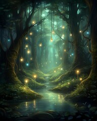Fantasy dark forest with a path in the middle, 3d illustration