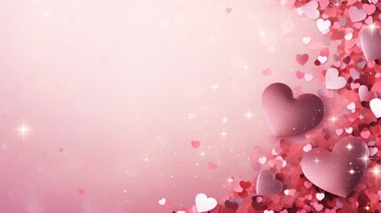 background of glitter hearts and confetti on pink.