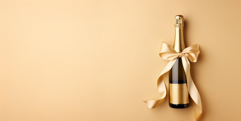 Generative AI, Beige champagne bottle mockup with bow on beige background - obrazy, fototapety, plakaty