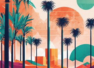 A sheet illustrated with contemporary palms on beautiful beach