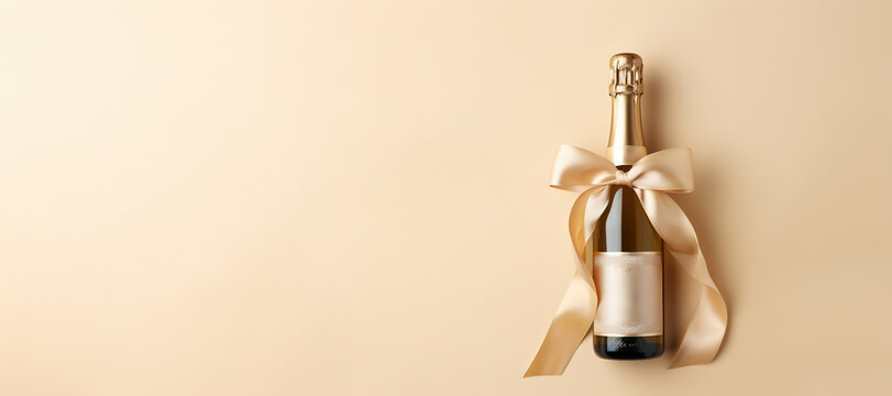 Generative AI, Beige champagne bottle mockup with bow on beige background
