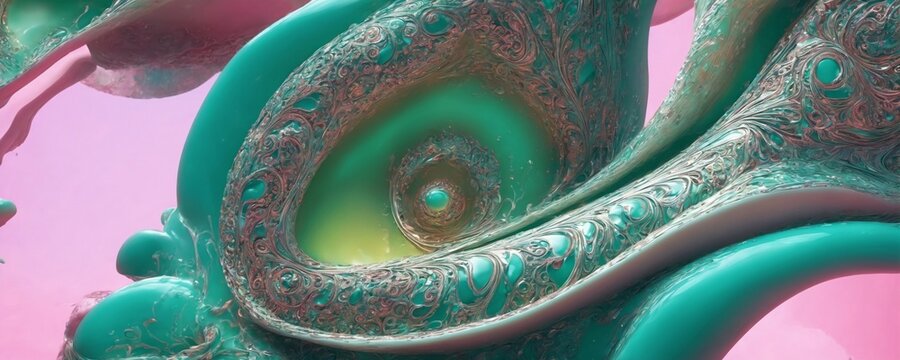 a close up of a green and pink abstract painting