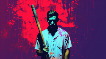 Man with baseball bat on blood splatter background. Halloween theme.