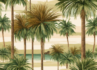 Fototapeta na wymiar A sheet illustrated with contemporary palms on beautiful beach