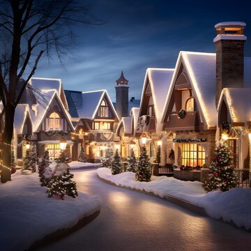 Snow Covered Houses In A Small Town At Night With Christmas Lights