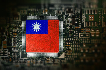 Flag of Taiwan on a processor. Computer board with chip.