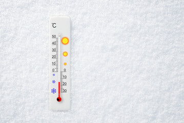 White celsius scale thermometer in snow. Ambient temperature minus 15 degrees celsius