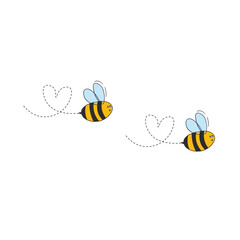Set of cartoon bee mascot. A small bees flying on a dotted route. Wasp collection. Vector characters. Incest icon. Template design for invitation, cards. Doodle style